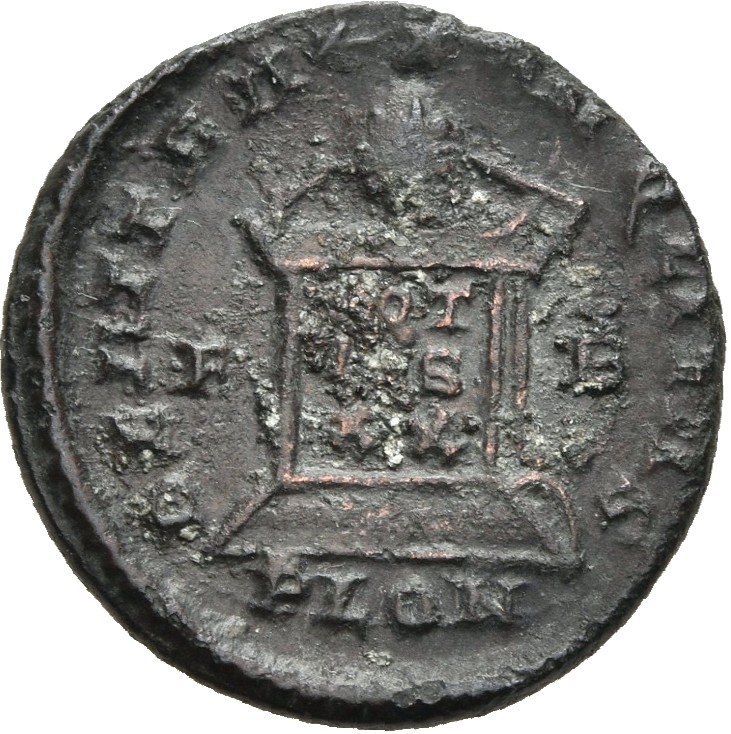 RIC VII Londinium 250 Constantine I reverse, Globe on altar inscribed VOT/IS/XX; above, three stars