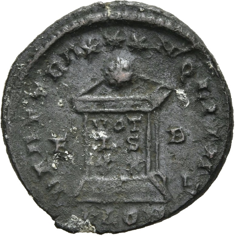 RIC VII Londinium 250 Constantine I reverse, Globe on altar inscribed VOT/IS/XX; above, three stars