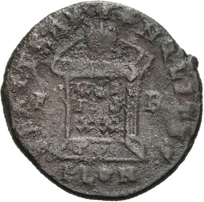 RIC VII Londinium 252 Constantine I reverse, Globe on altar inscribed VOT/IS/XX; above, three stars