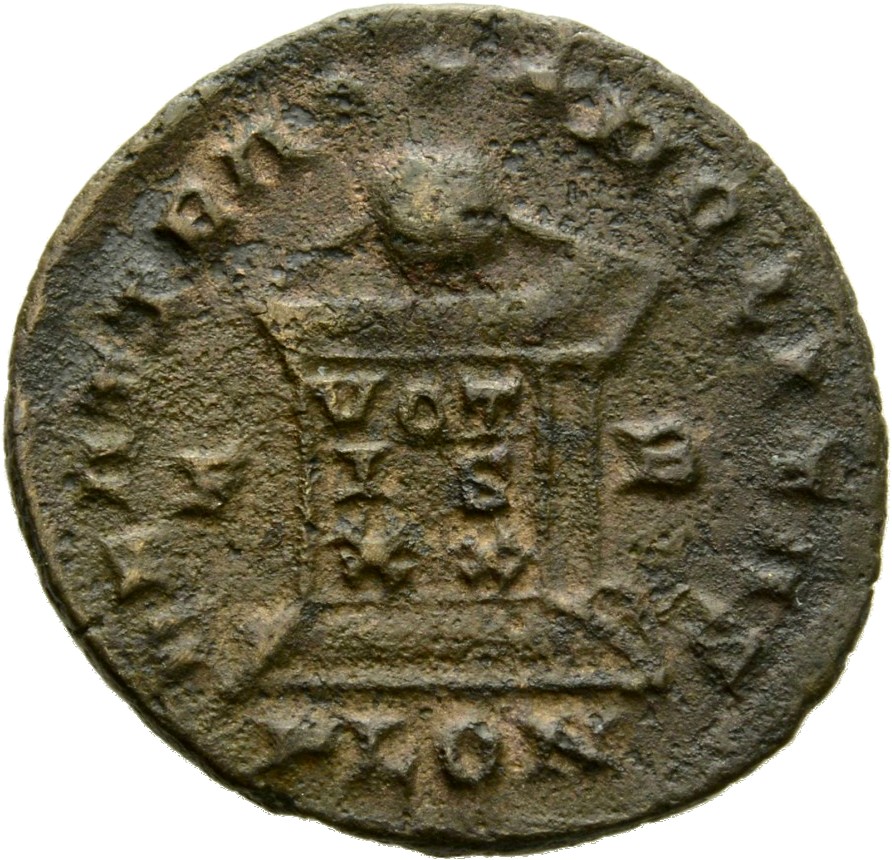 RIC VII Londinium 255 Constantine I reverse, Globe on altar inscribed VOT/IS/XX; above, three stars