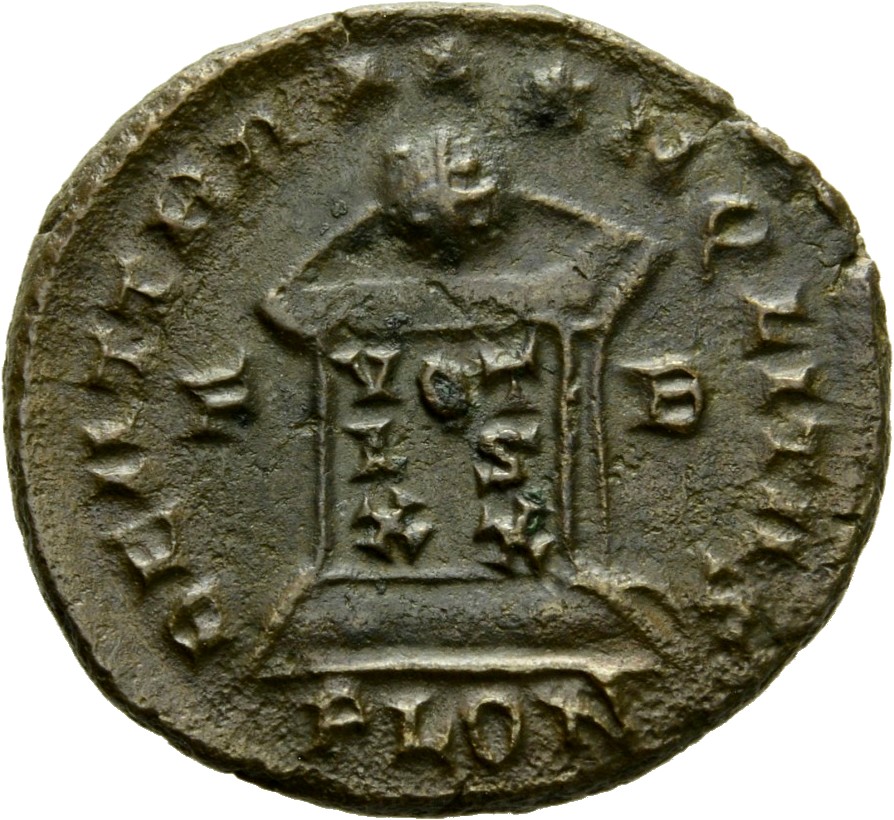 RIC VII Londinium 257 Constantine I reverse, Globe on altar inscribed VOT/IS/XX; above, three stars