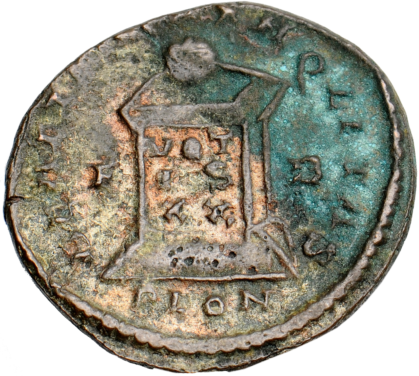 RIC VII Londinium 258 Constantine I reverse, Globe on altar inscribed VOT/IS/XX; above, three stars
