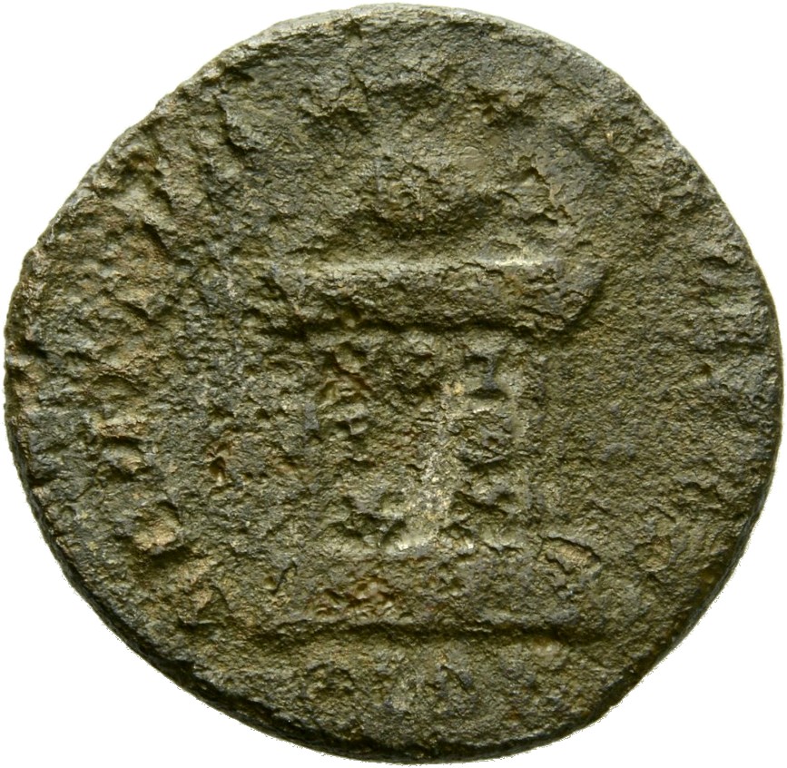 RIC VII Londinium 267 Constantine I reverse, Globe on altar inscribed VOT/IS/XX; above, three stars