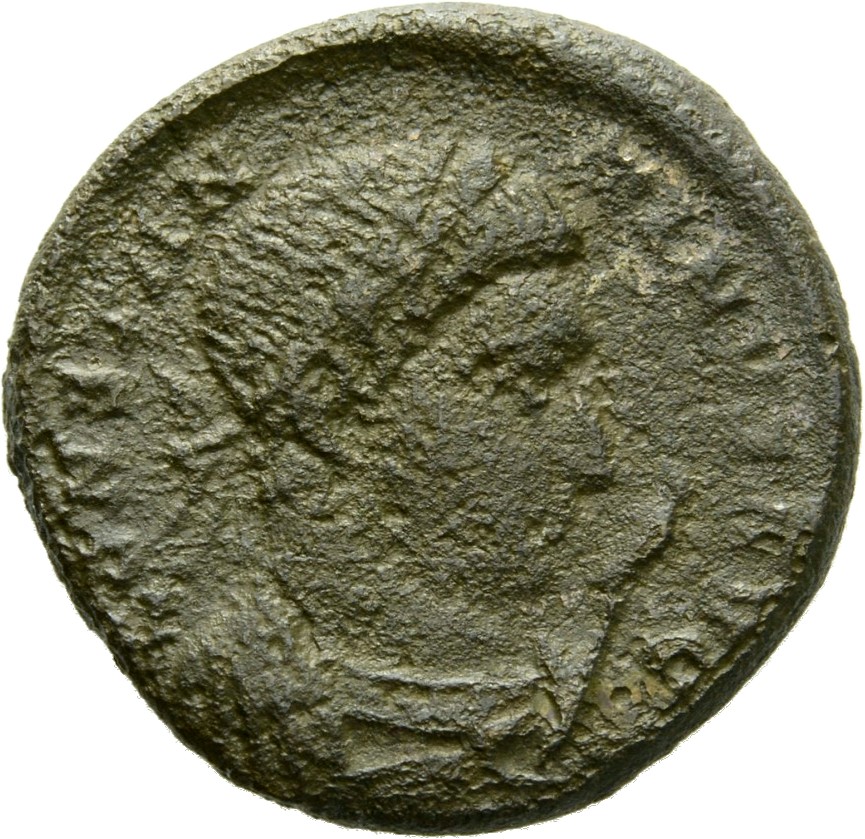 RIC VII Londinium 267 Constantine I obverse, Bust of Constantine I, laureate, wearing trabea, right, holding eagle-tipped ...