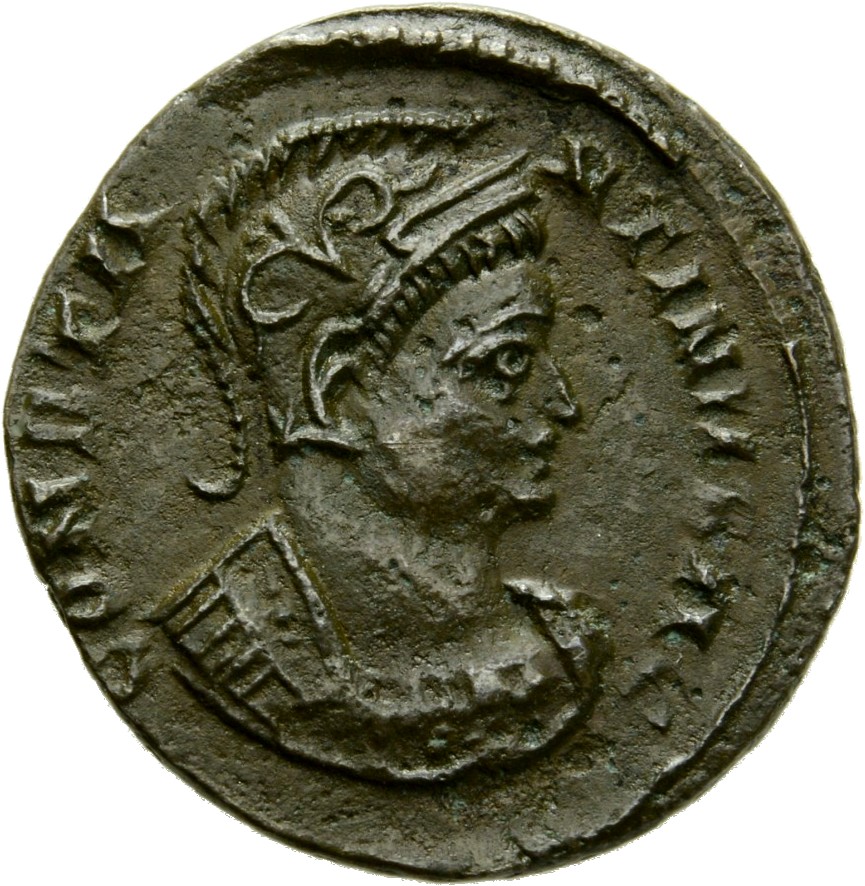 RIC VII Londinium 268 Constantine I obverse, Bust of Constantine I, helmeted, cuirassed, right