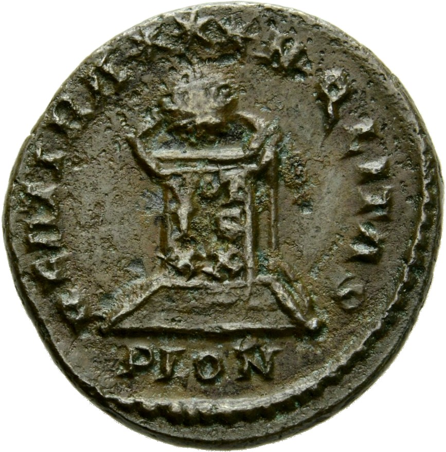 RIC VII Londinium 268 Constantine I reverse, Globe on altar inscribed VOT/IS/XX; above, three stars
