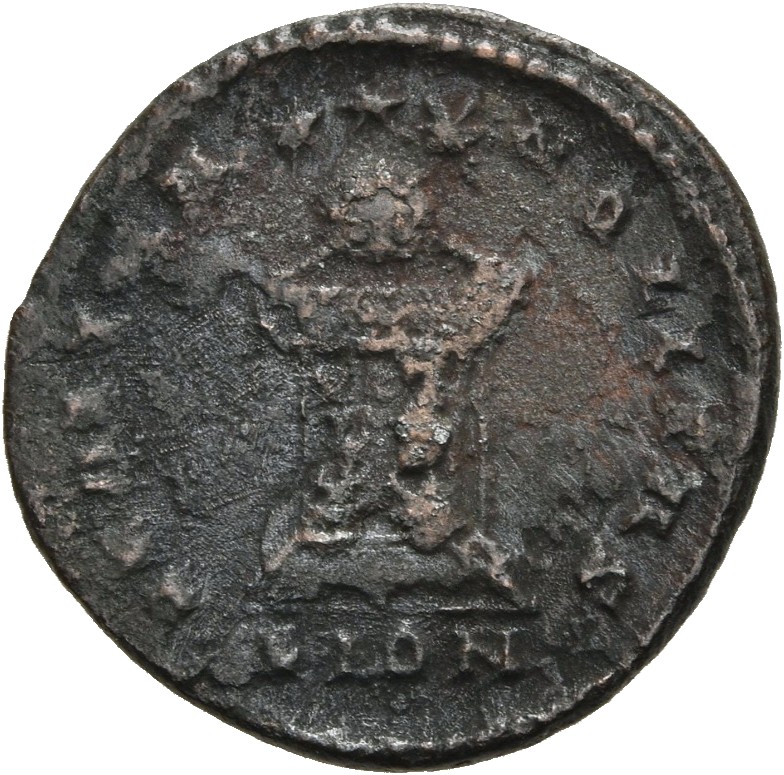 RIC VII Londinium 273 Constantine I reverse, Globe on altar inscribed VOT/IS/XX; above, three stars