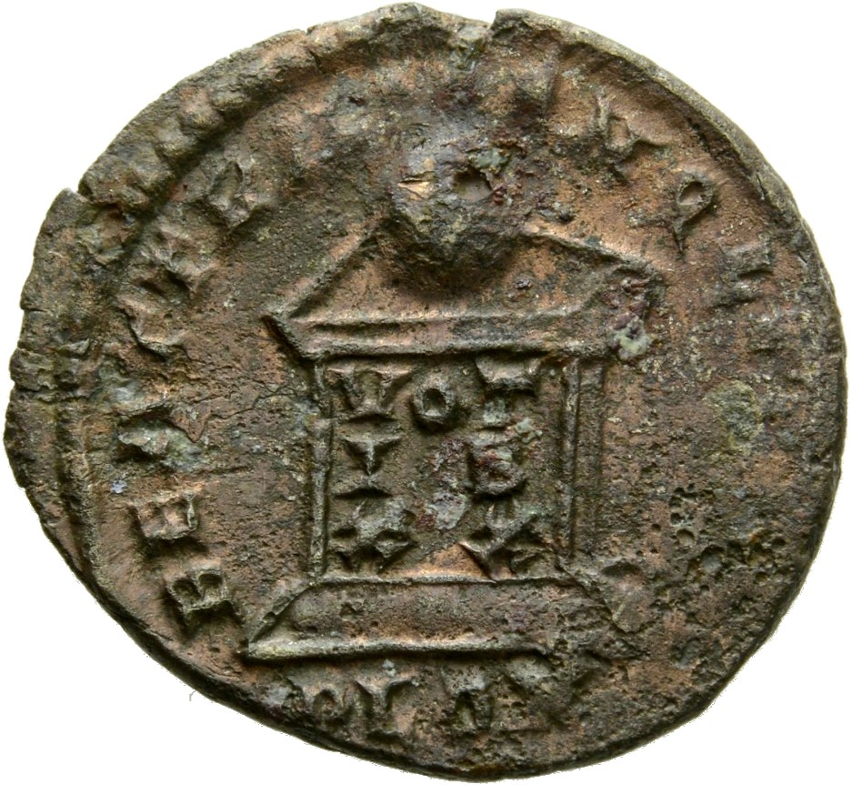 RIC VII Londinium 275 Constantine I reverse, Globe on altar inscribed VOT/IS/XX; above, three stars