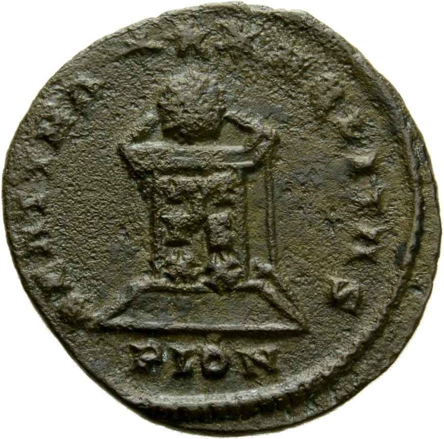 Constantine I reverse — Globe on altar inscribed VOT/IS/XX; above, three stars