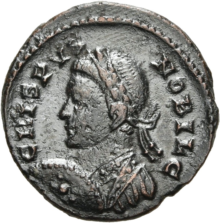 RIC VII Londinium 277 Constantine I obverse, Bust of Crispus, laureate, cuirassed, left, holding shield