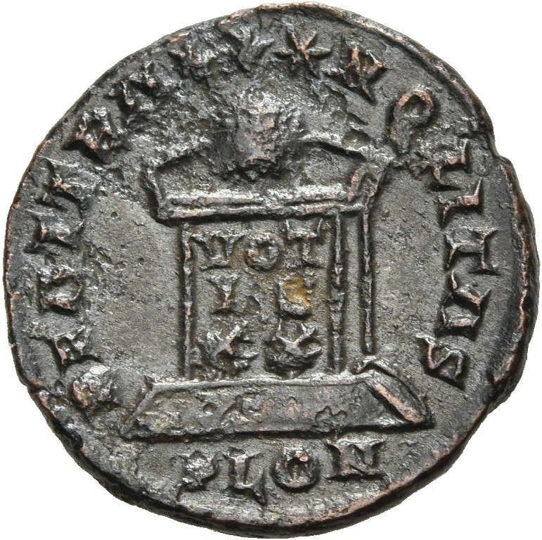 RIC VII Londinium 277 Constantine I reverse, Globe on altar inscribed VOT/IS/XX; above, three stars