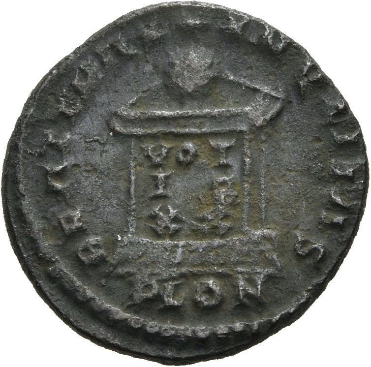 RIC VII Londinium 278 Constantine I reverse, Globe on altar inscribed VOT/IS/XX; above, three stars