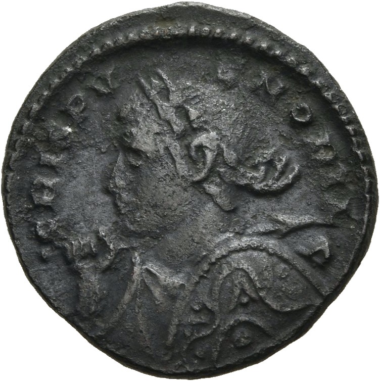 RIC VII Londinium 278 Constantine I obverse, Bust of Crispus, laureate, cuirassed, left, holding spear across right should...