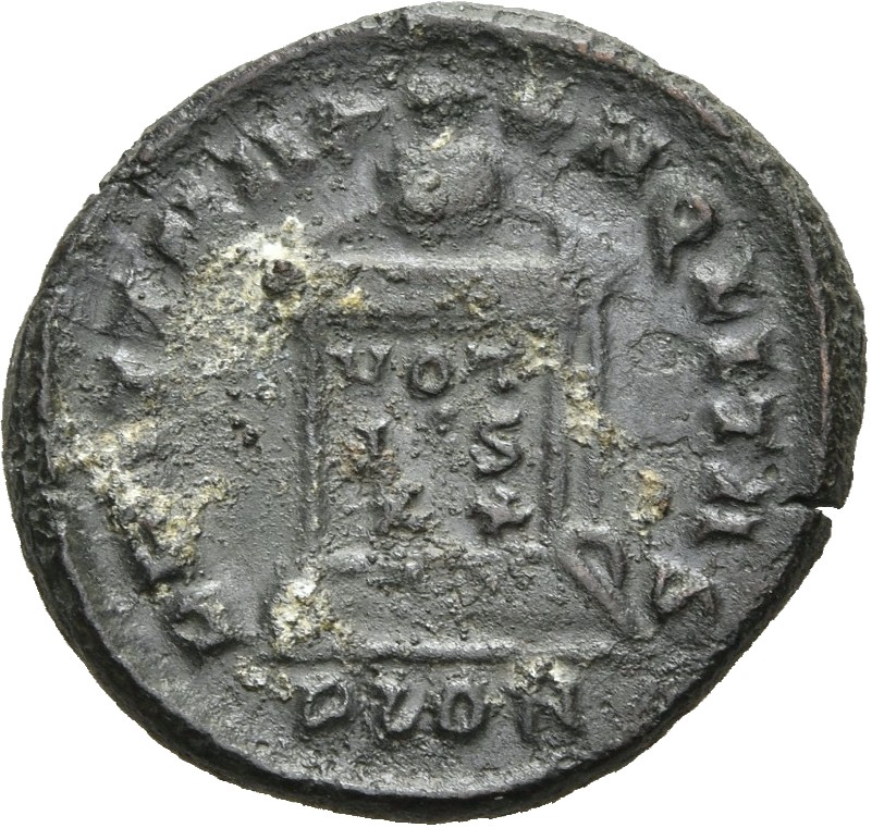 RIC VII Londinium 279 Constantine I reverse, Globe on altar inscribed VOT/IS/XX; above, three stars