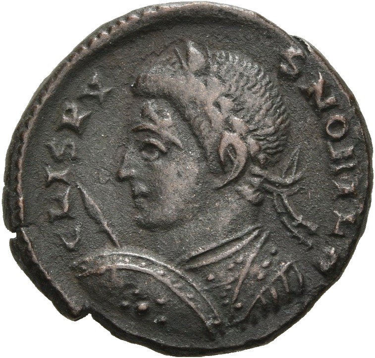 RIC VII Londinium 279 Constantine I obverse, Bust of Crispus, laureate, cuirassed, left, holding spear pointing forward in...