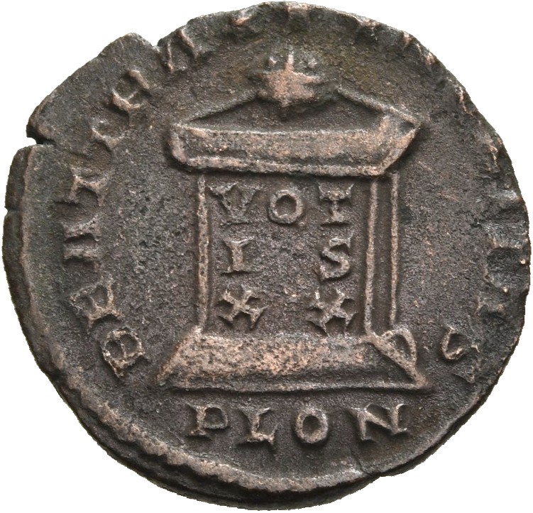 RIC VII Londinium 279 Constantine I reverse, Globe on altar inscribed VOT/IS/XX; above, three stars