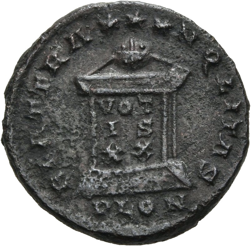 RIC VII Londinium 280 Constantine I reverse, Globe on altar inscribed VOT/IS/XX; above, three stars