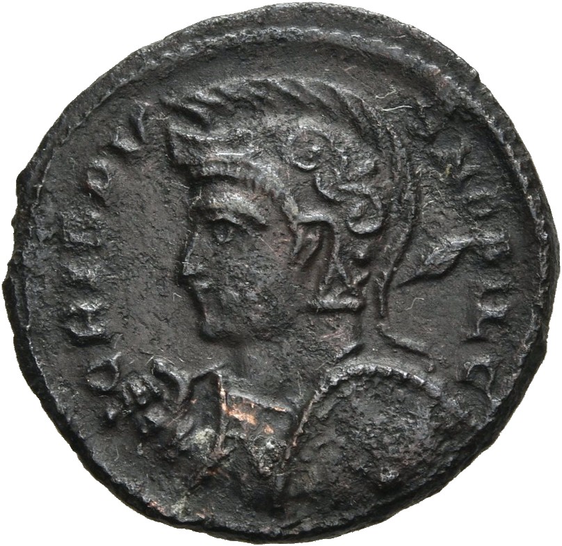 RIC VII Londinium 280 Constantine I obverse, Bust of Crispus, helmeted, cuirassed, left, holding spear across right should...