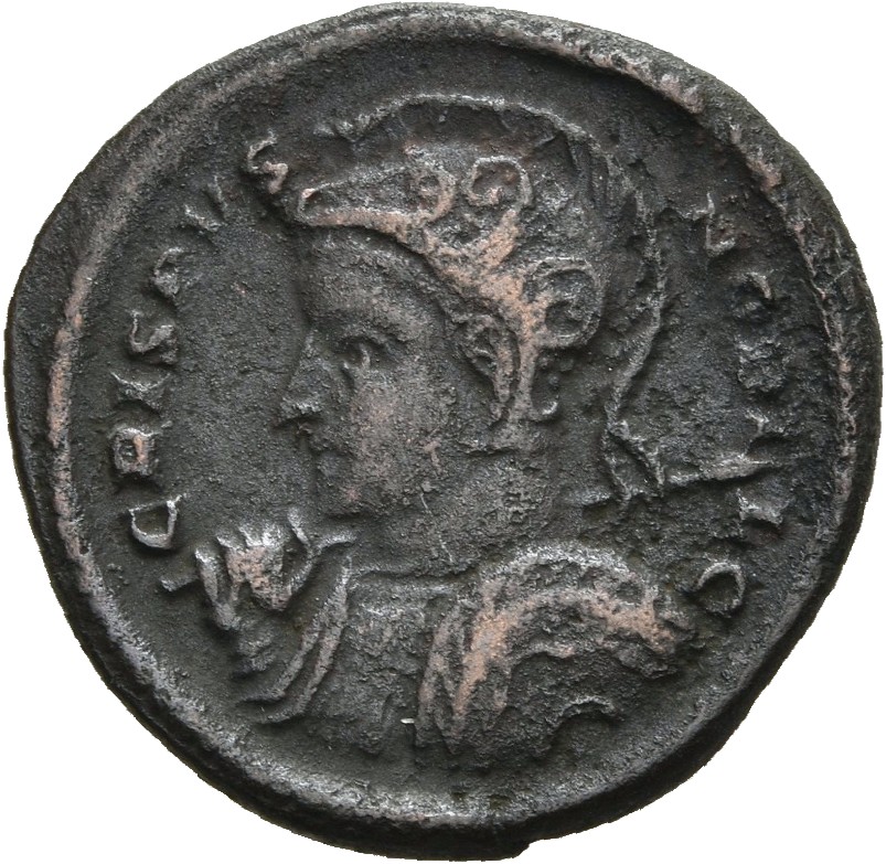 RIC VII Londinium 280 Constantine I obverse, Bust of Crispus, helmeted, cuirassed, left, holding spear across right should...
