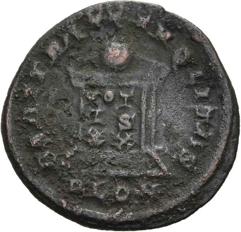 RIC VII Londinium 280 Constantine I reverse, Globe on altar inscribed VOT/IS/XX; above, three stars