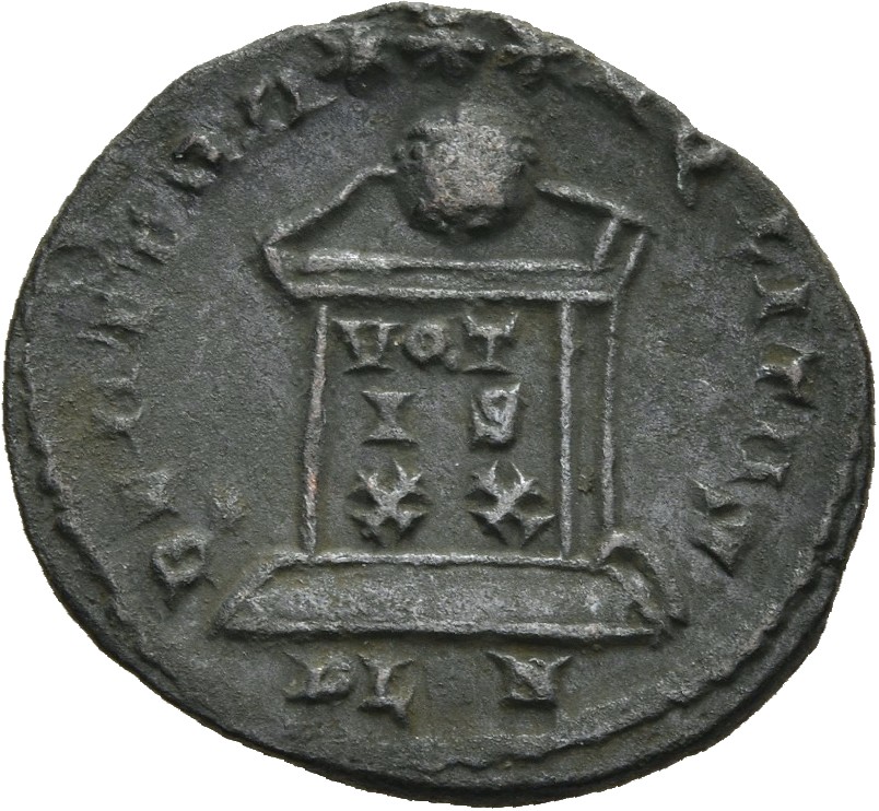 RIC VII Londinium 281 Constantine I reverse, Globe on altar inscribed VOT/IS/XX; above, three stars