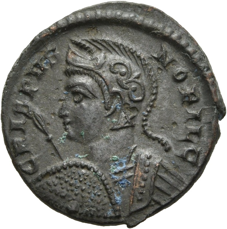 RIC VII Londinium 281 Constantine I obverse, Bust of Crispus, helmeted, cuirassed, left, holding shield in right hand and ...
