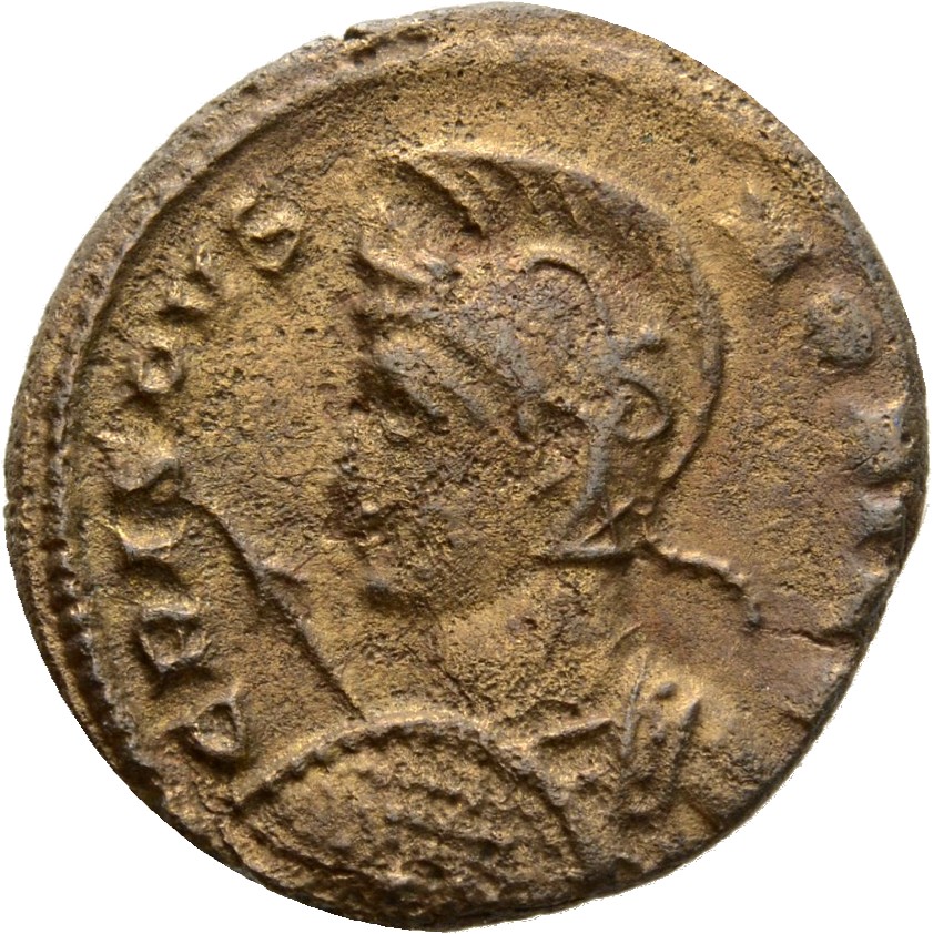 Constantine I obverse — Bust of Crispus, helmeted, cuirassed, left, holding shield in right hand and spear forward in left hand