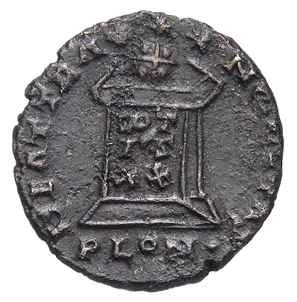 RIC VII Londinium 282 Constantine I reverse, Globe on altar inscribed VOT/IS/XX; above, three stars
