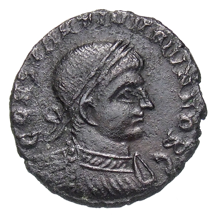 RIC VII Londinium 282 Constantine I obverse, Bust of Constantine II, laureate, cuirassed, right