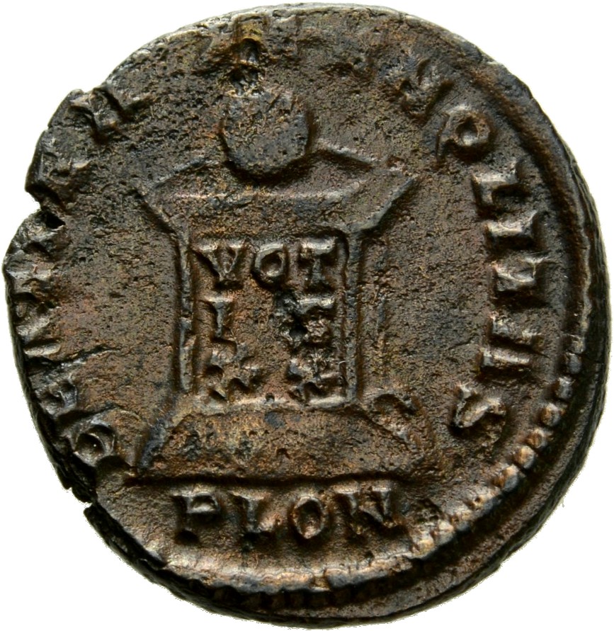 RIC VII Londinium 286 Constantine I reverse, Globe on altar inscribed VOT/IS/XX; above, three stars