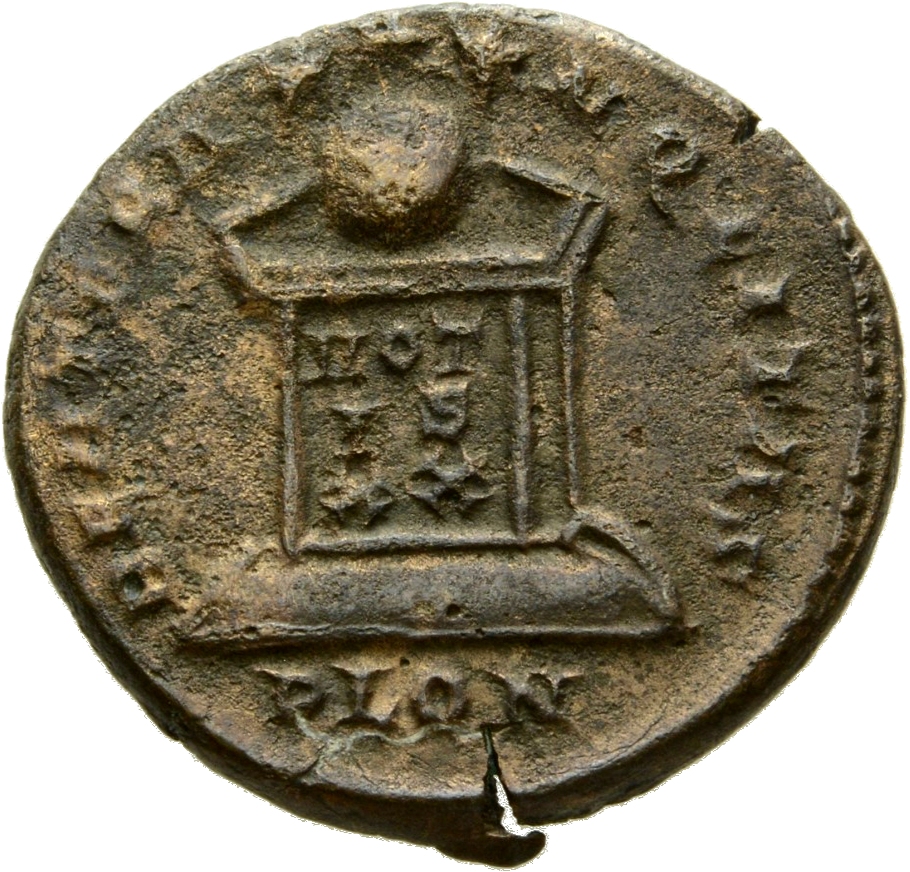 RIC VII Londinium 287 Constantine I reverse, Globe on altar inscribed VOT/IS/XX; above, three stars