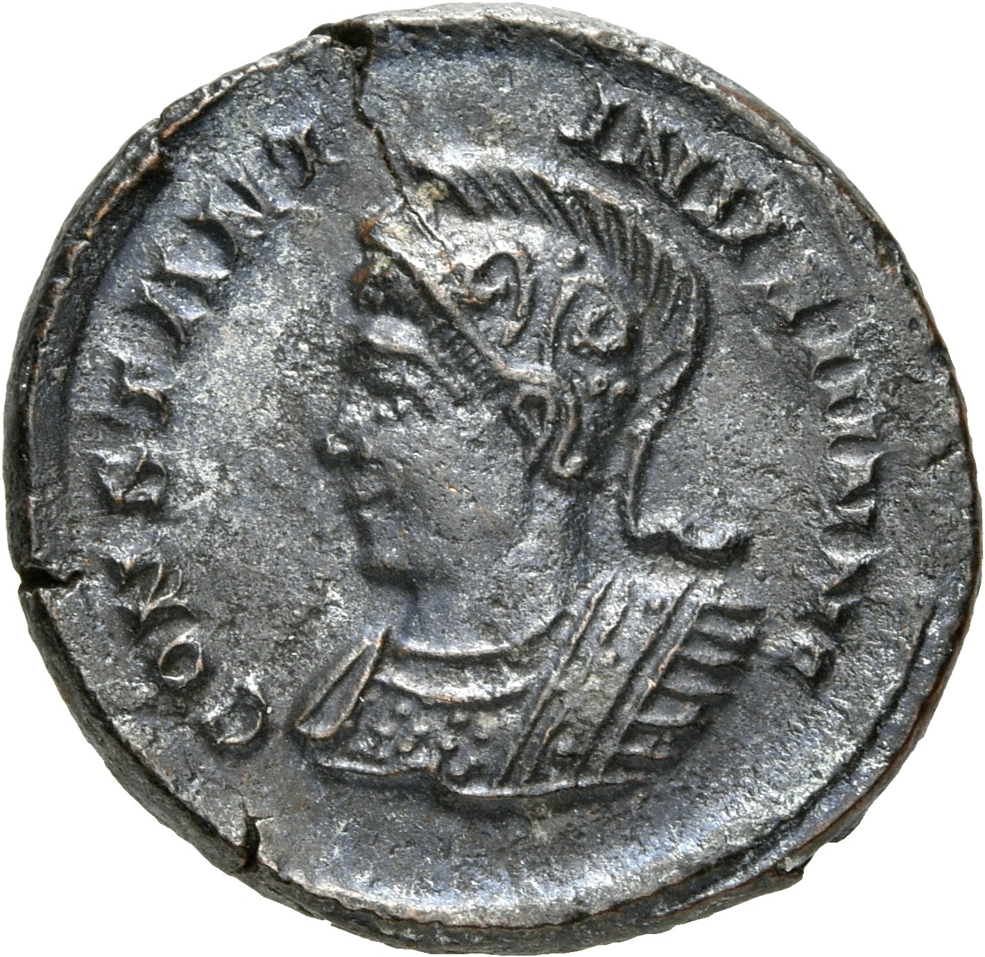 RIC VII Londinium 287 Constantine I obverse, Bust of Constantine II, helmeted, cuirassed, left