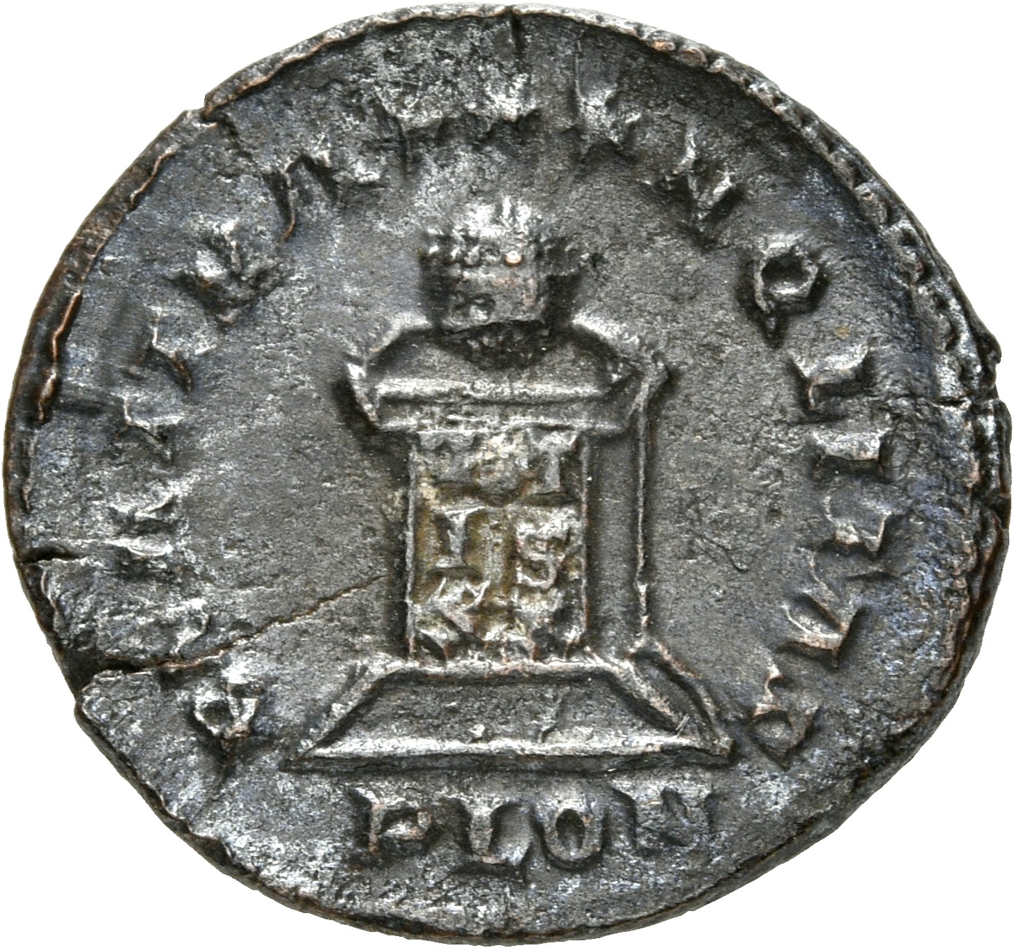 RIC VII Londinium 287 Constantine I reverse, Globe on altar inscribed VOT/IS/XX; above, three stars