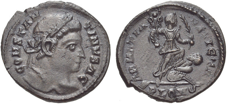 RIC VII Londinium 290 Constantine I reverse, Victory, winged, draped, advancing right, holding trophy on right arm and bra...
