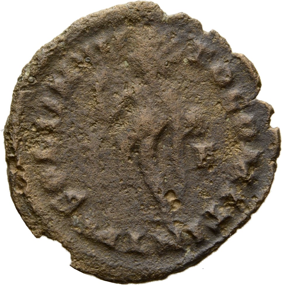 Constantine I reverse — Sol, radiate, chlamys draped across left shoulder, standing left, raising right hand and holding globe in left hand