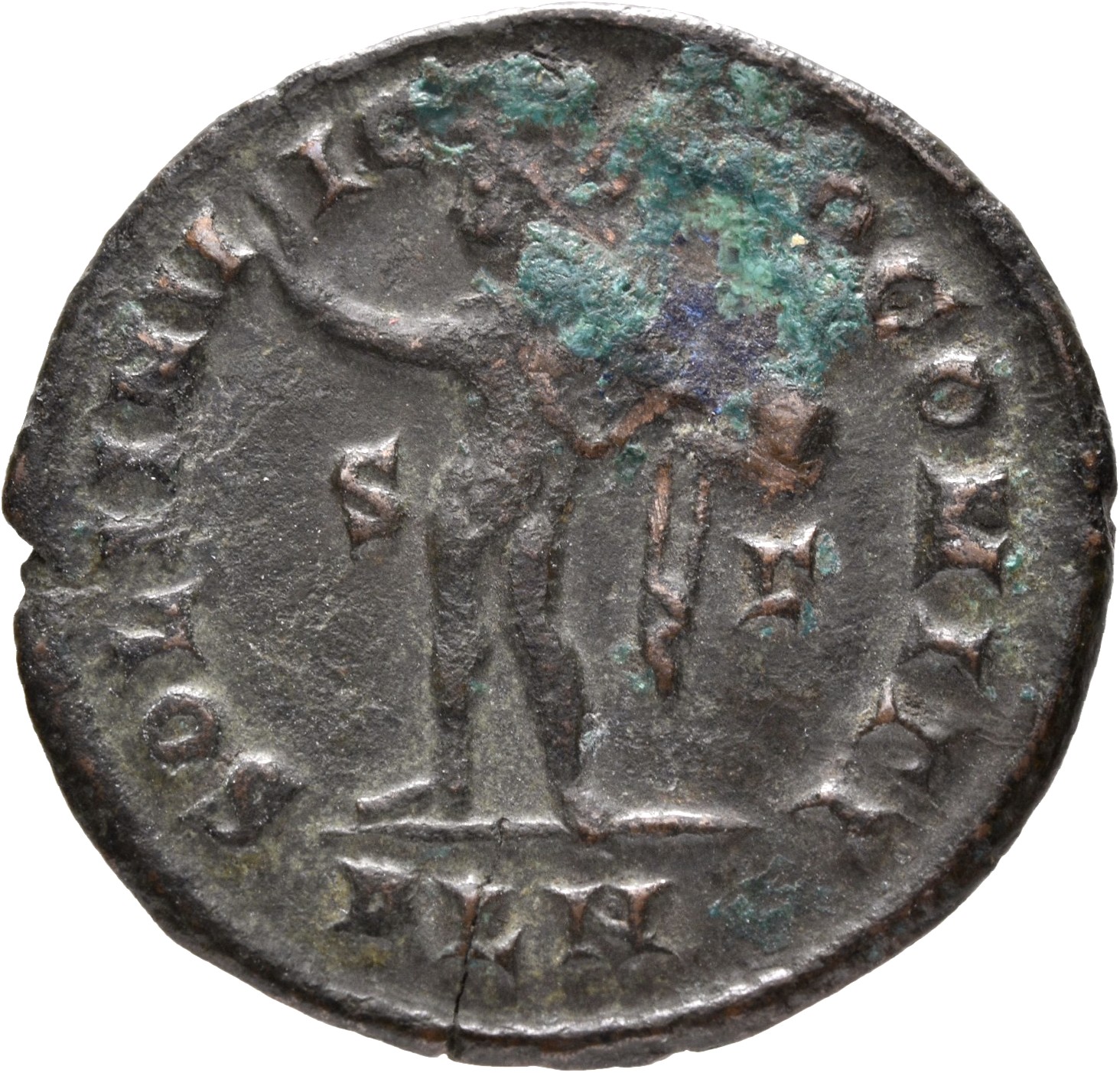 RIC VII Londinium 8 Constantine I reverse, Sol, radiate, chlamys draped across left shoulder, standing left, raising right...