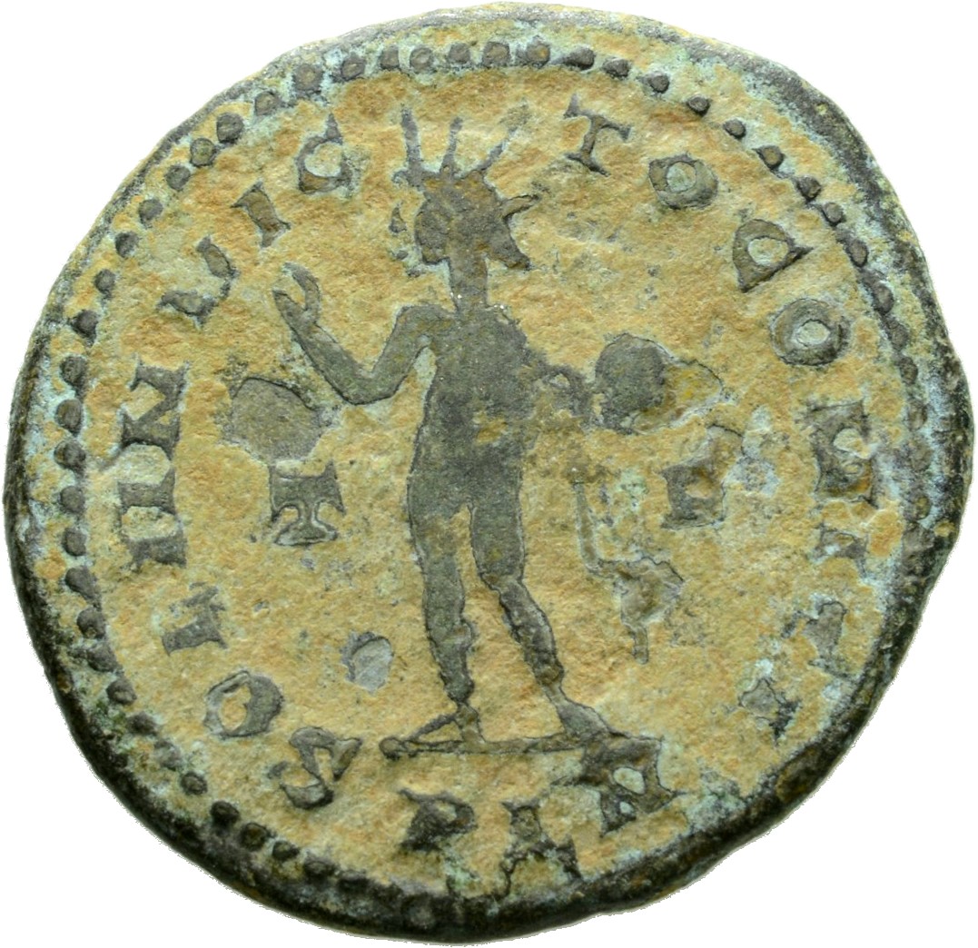 RIC VII Londinium 88 Constantine I reverse, Sol, radiate, chlamys draped across left shoulder, standing left, raising righ...