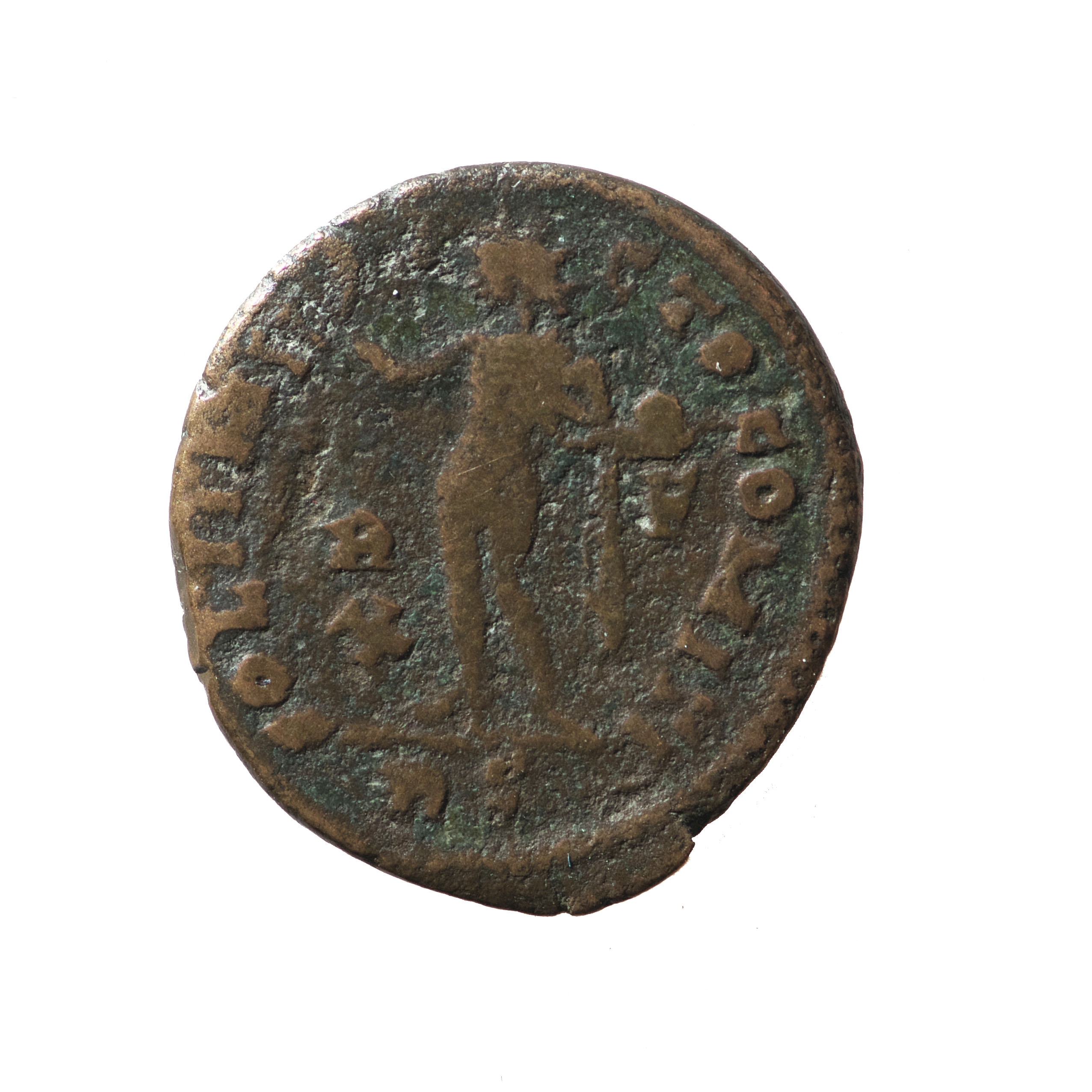 RIC VII Londinium 98 Constantine I reverse, Sol, radiate, chlamys draped across left shoulder, standing left, raising righ...
