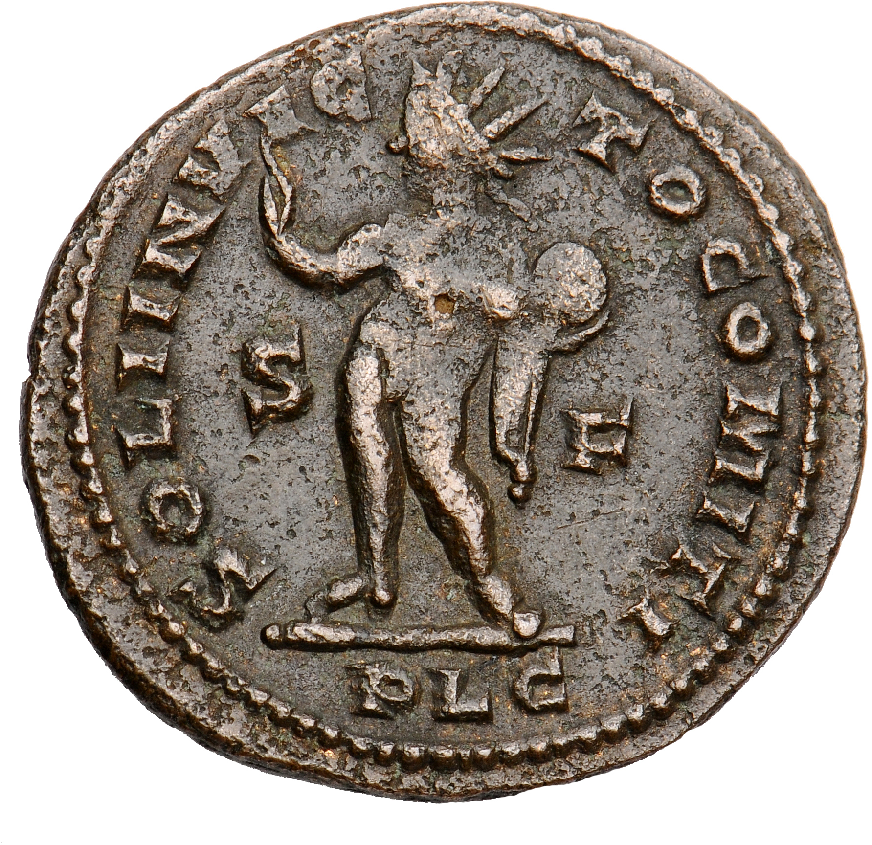 RIC VII Lugdunum 1 Constantine I reverse, Sol, radiate, standing left, chlamys draped across left shoulder, raising right ...