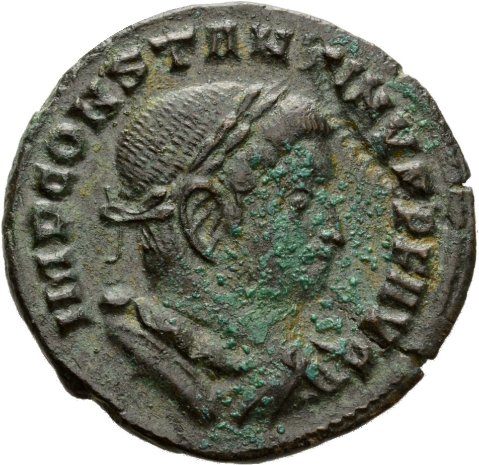 Constantine I obverse — Bust of Constantine I, laureate, draped, cuirassed, right, seen from behind