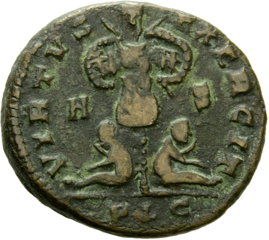 RIC VII Lugdunum 102 Constantine I reverse, Trophy, flanked by two seated captives