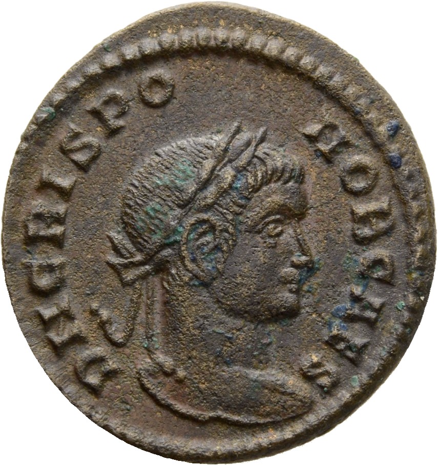 RIC VII Lugdunum 116 Constantine I obverse, Head of Crispus, laureate, right