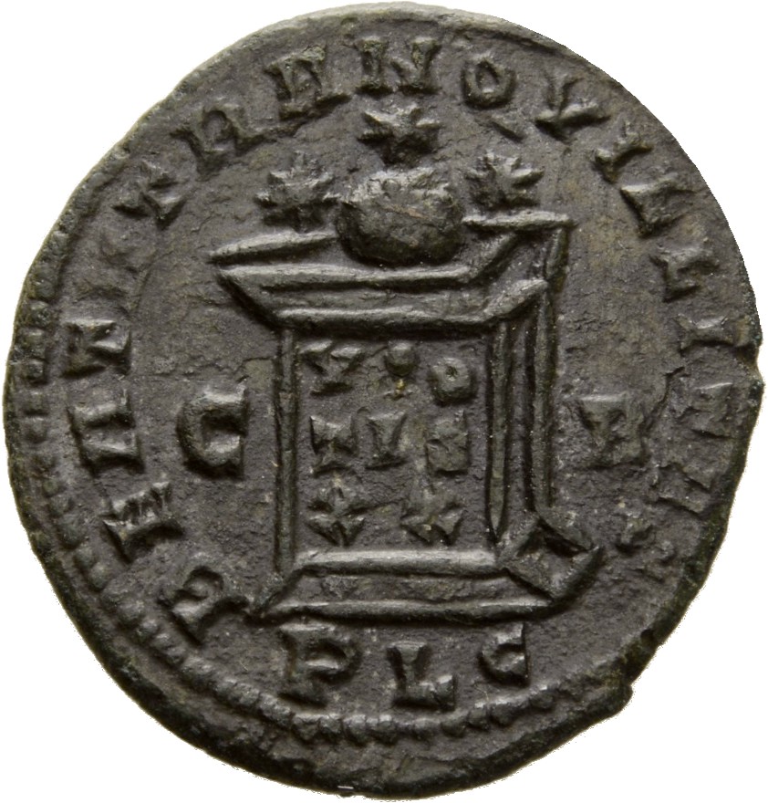 RIC VII Lugdunum 128 Constantine I reverse, Globe on altar inscribed VOT/IS/XX; above, three stars