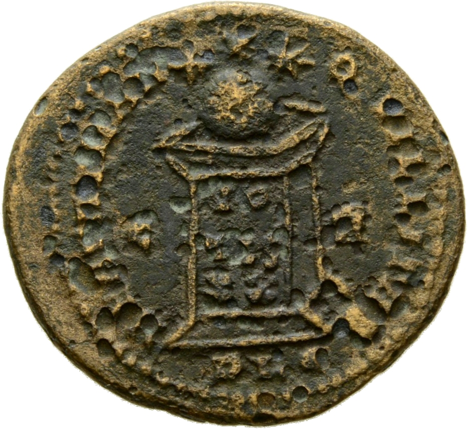 RIC VII Lugdunum 131 Constantine I reverse, Globe on altar inscribed VOT/IS/XX; above, three stars