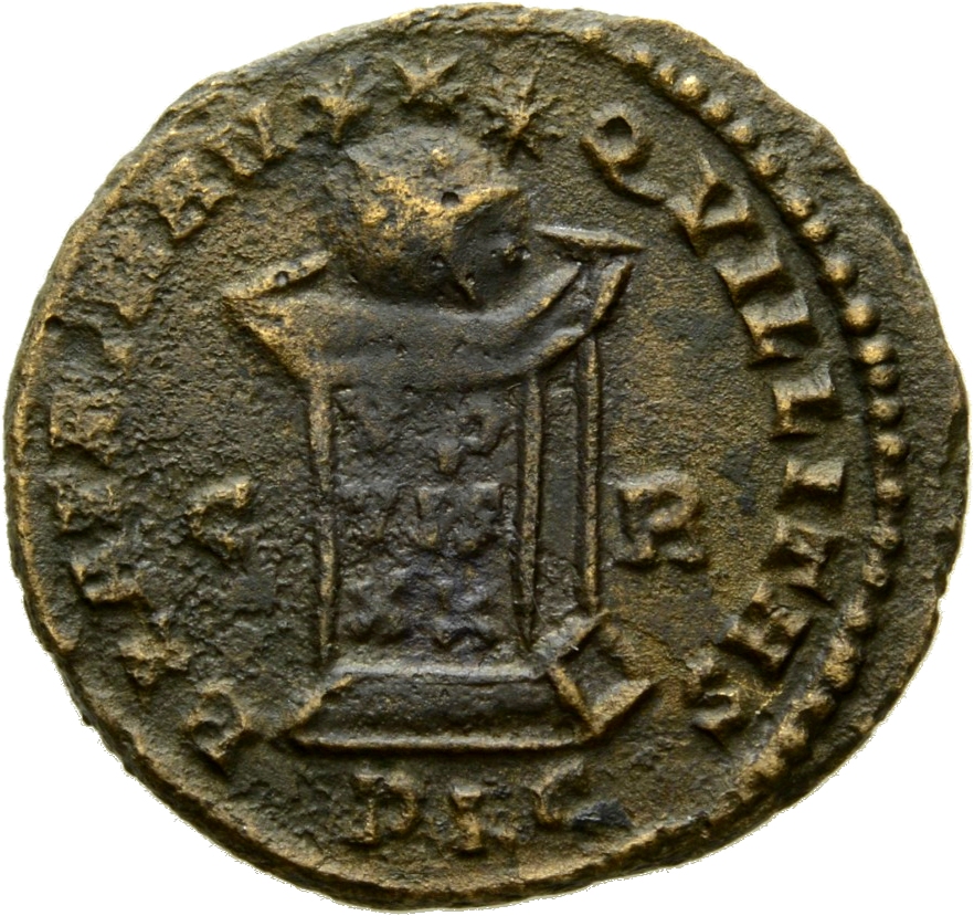 RIC VII Lugdunum 133 Constantine I reverse, Globe on altar inscribed VOT/IS/XX; above, three stars