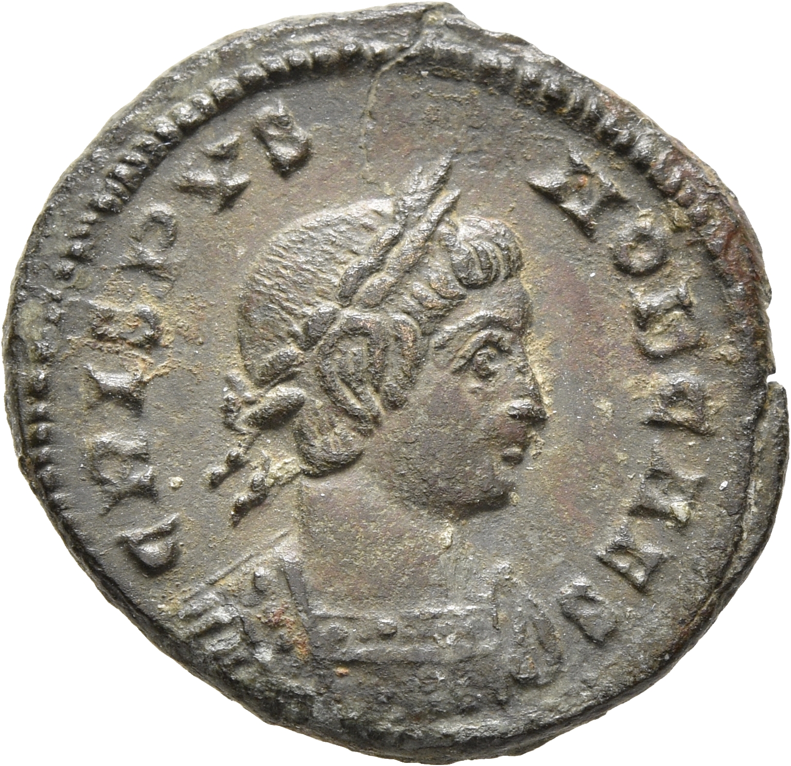RIC VII Lugdunum 133 Constantine I obverse, Bust of Crispus, laureate, cuirassed, right