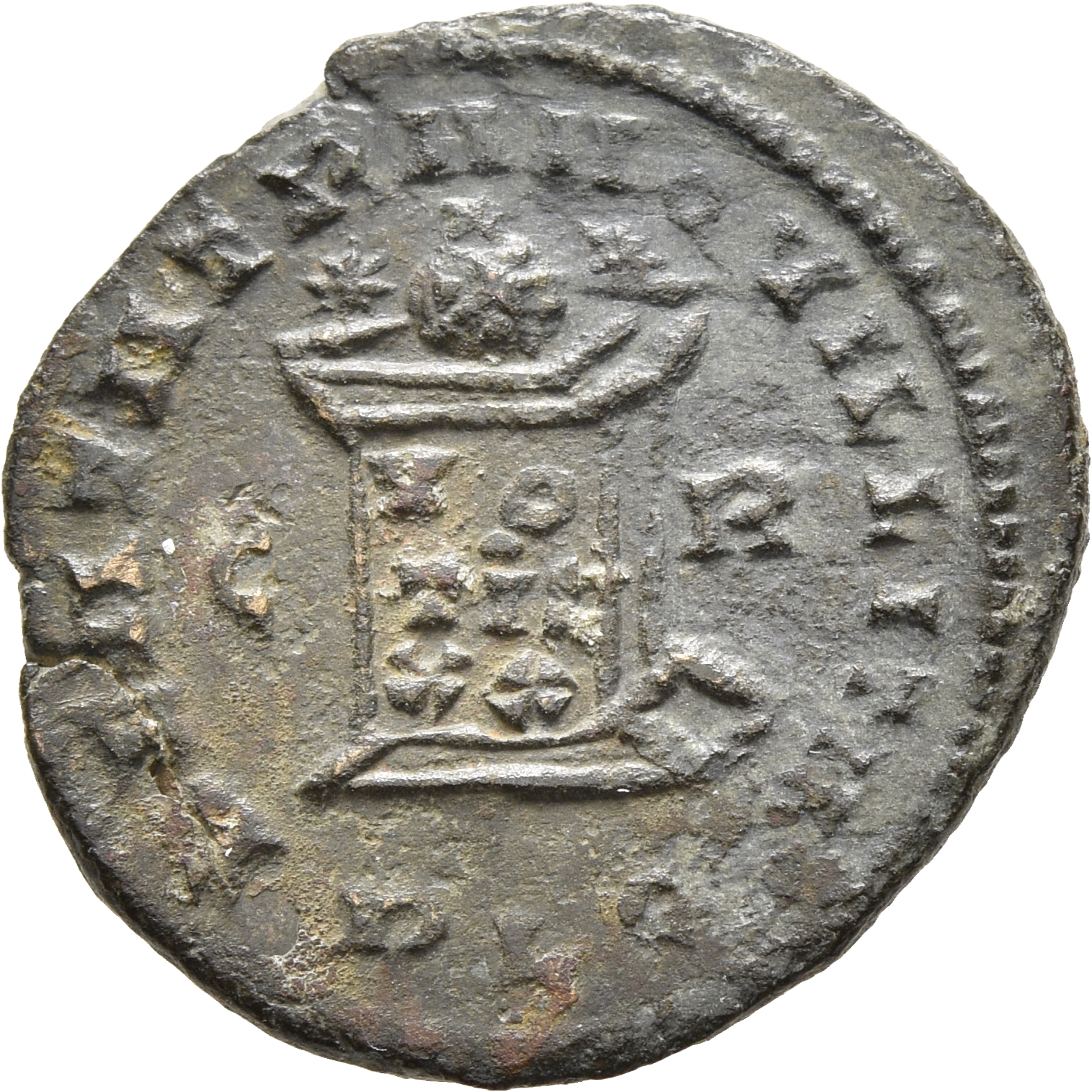 RIC VII Lugdunum 133 Constantine I reverse, Globe on altar inscribed VOT/IS/XX; above, three stars