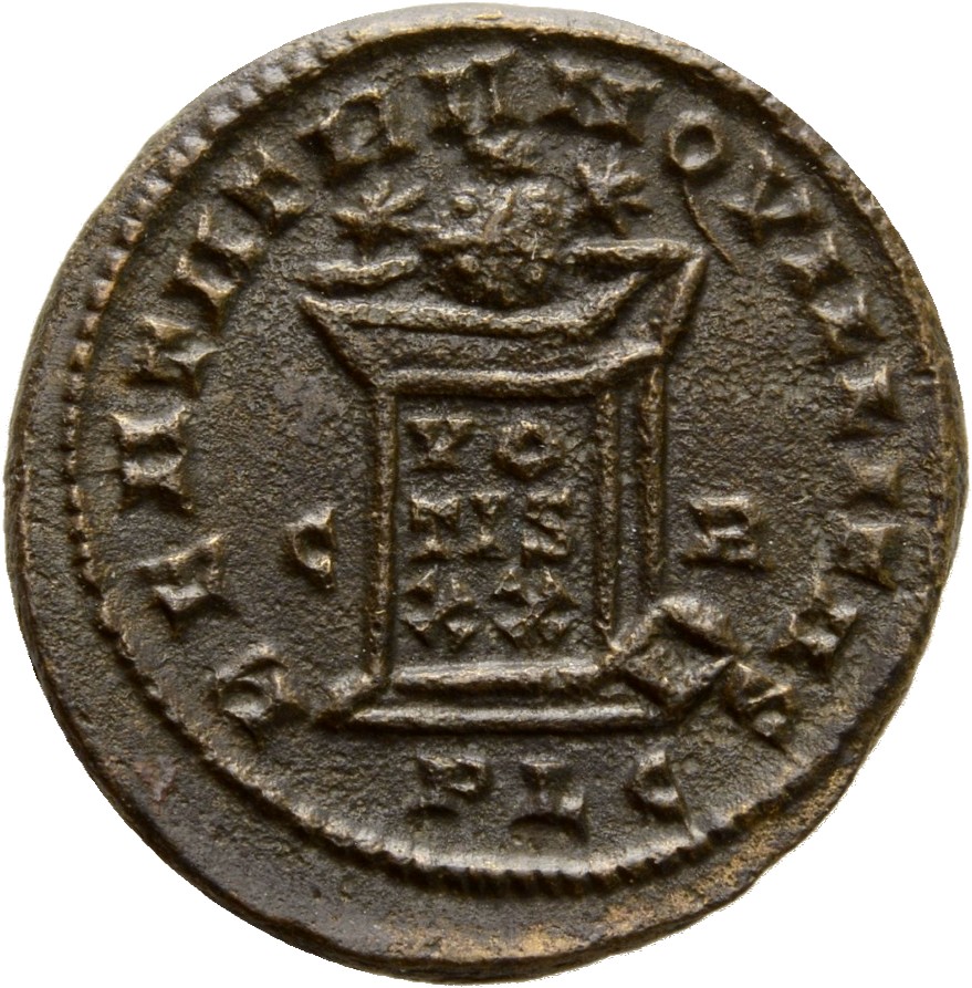RIC VII Lugdunum 148 Constantine I reverse, Globe on altar inscribed VOT/IS/XX; above, three stars