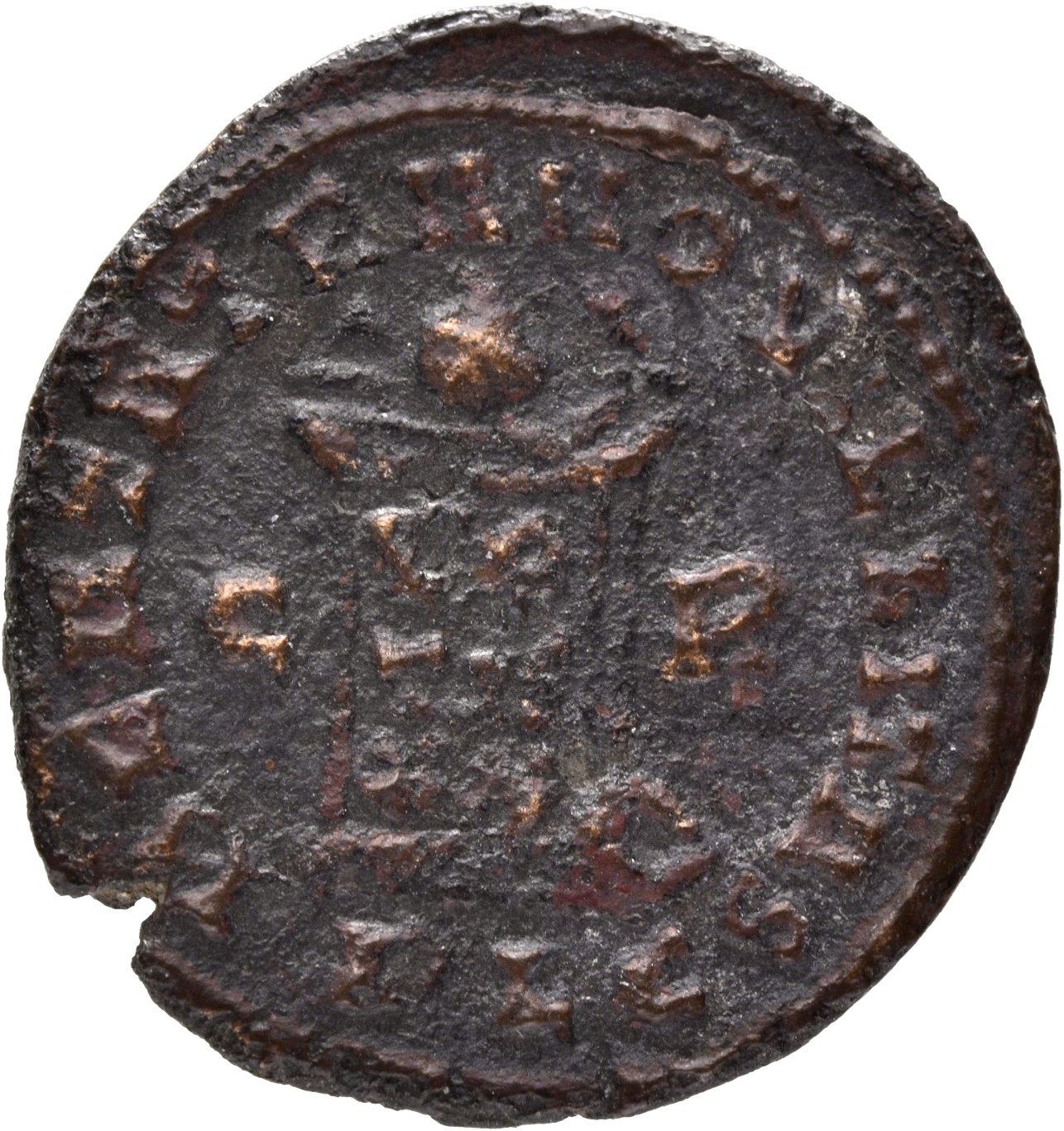 Constantine I reverse — Globe on altar inscribed VOT/IS/XX; above, three stars