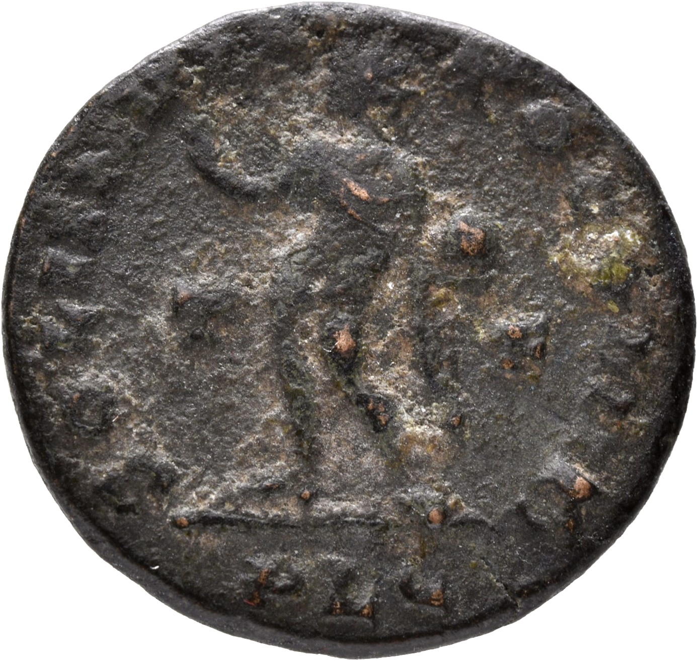 Constantine I reverse — Sol, radiate, standing left, chlamys draped across left shoulder, raising right hand and holding globe in left hand